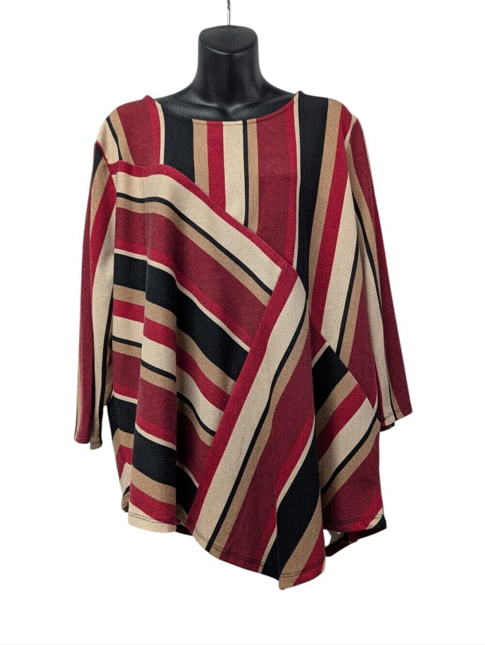 Alfred Dunner Sz XL Striped Asymmetrical Wrap Knit Top Red Black Tan 3/4 Sleeve